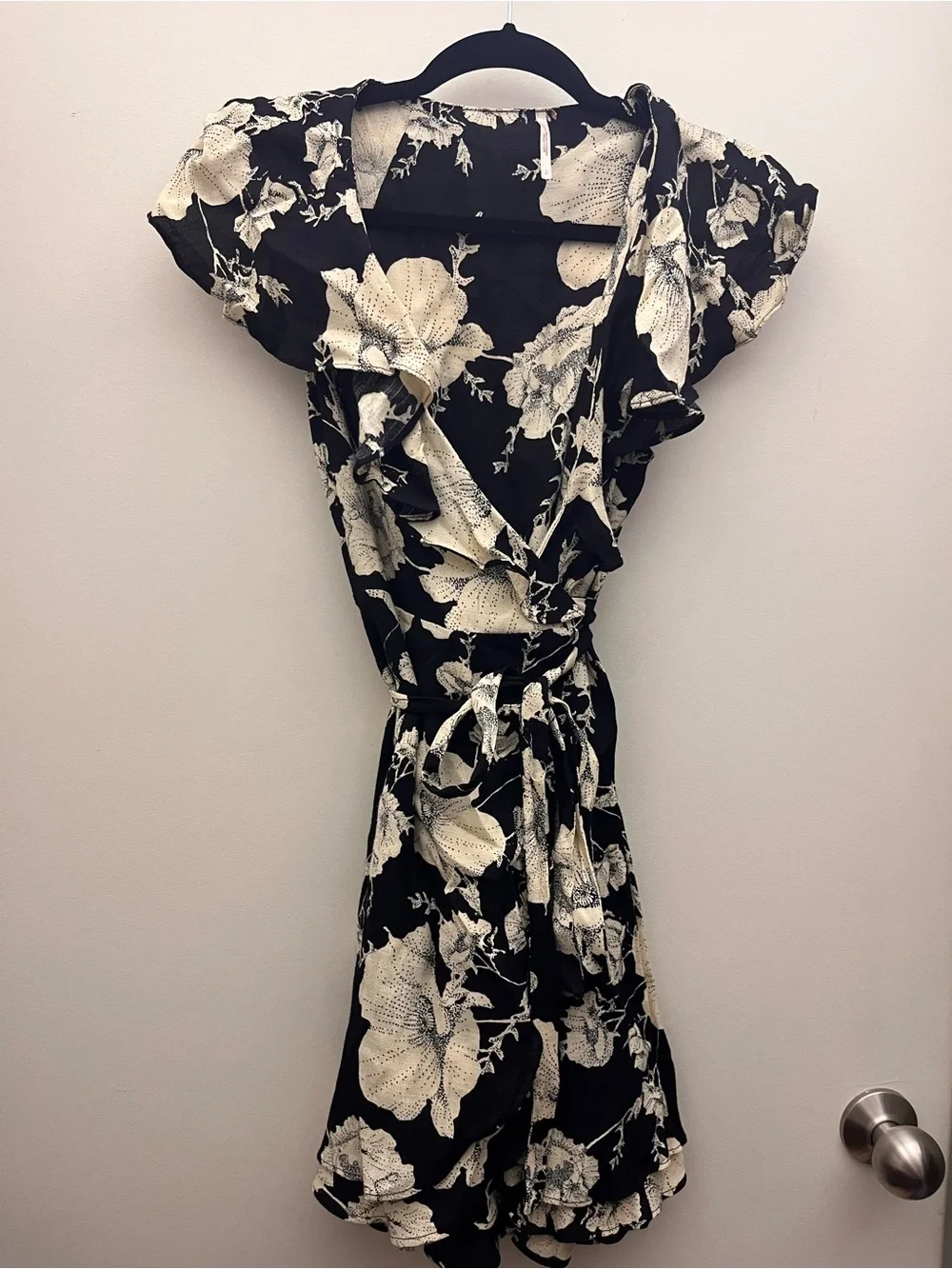 Free People Black & Cream Floral Wrap Dress